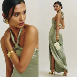slim fit dress slacks Reformation Hensley Artichoke Satin Sweetheart Neck Maxi Dress  The Closet  New York